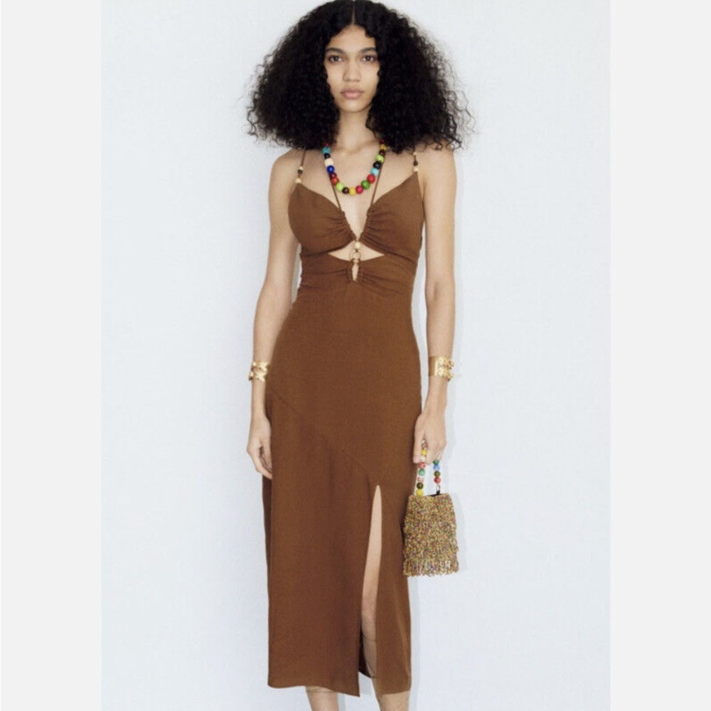 Zara Brown Midi Dress with Front Cutout